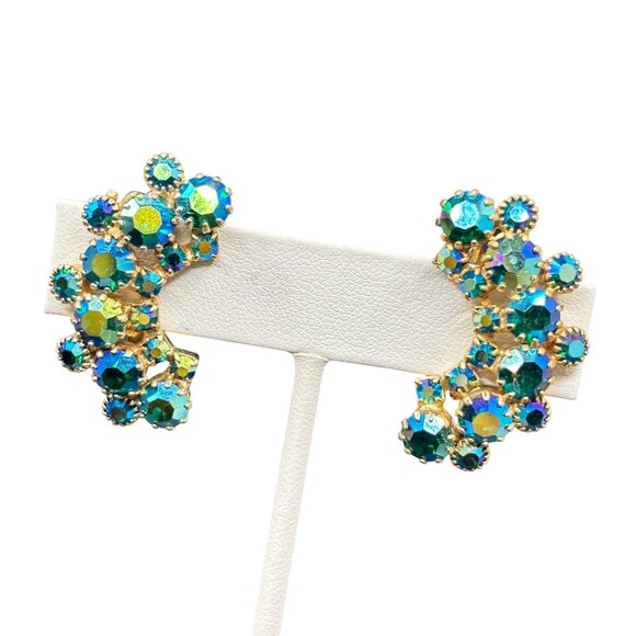 Vintage Weiss Aurora Borealis Blue & Green Rhinestone Cluster Clip-On Earrings - Picture 1 of 14